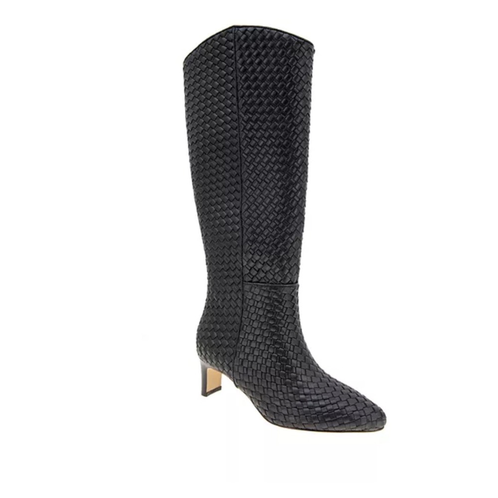 Andre Assous Waverly Black Woven Knee High Boots Pointed Toe Kitten Heel Size 5